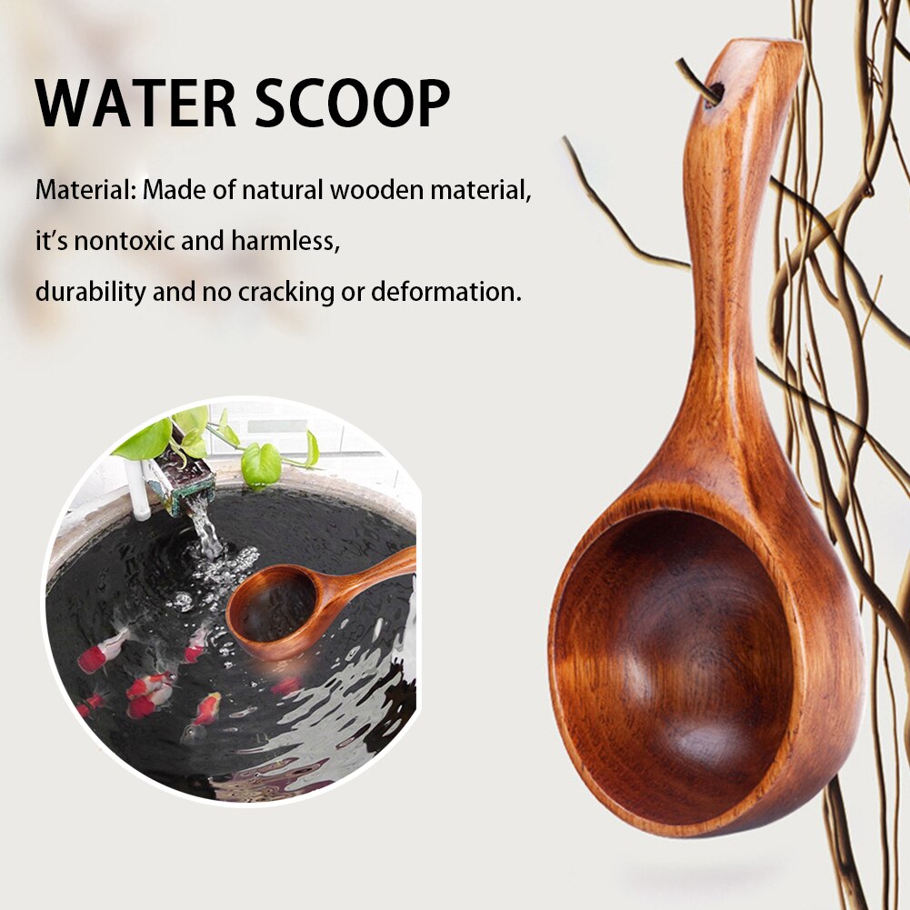 Long Handle Kitchen Utensil Home Water Scoop Multipurpose Solid Wood Spoon Portable Cooking Thickened Hanging Hole Bathroom