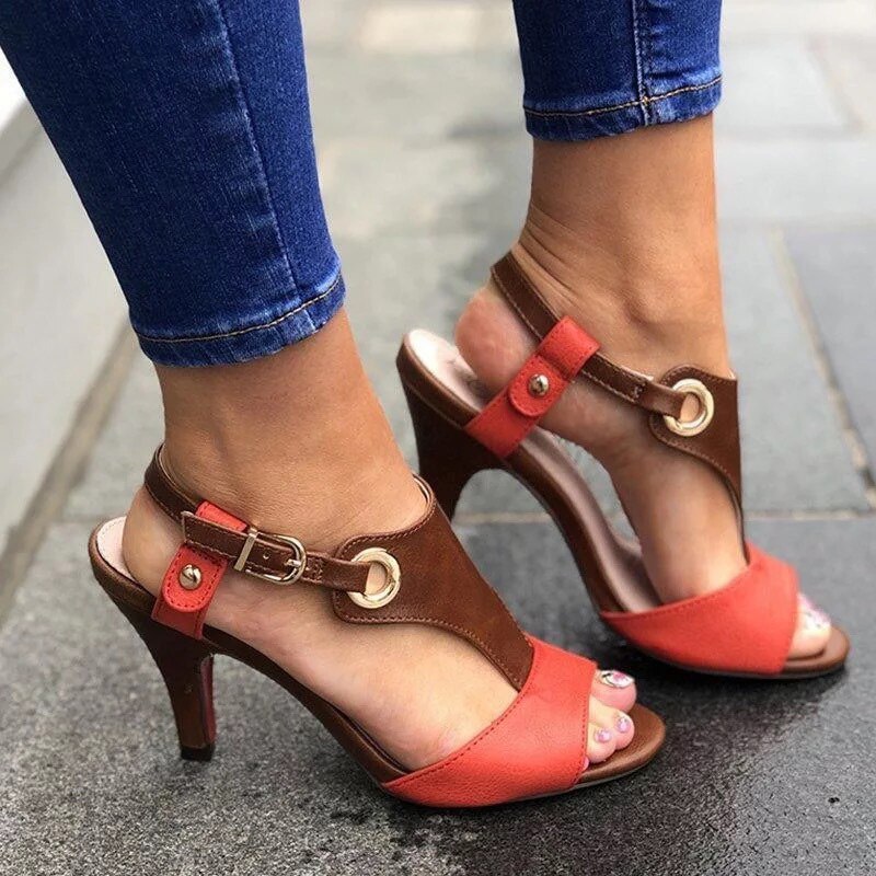 Temofon kvinnor sommarklackar fyrkantig klack dam sandaler peep toe högklackade skor romerska kvinnor chunky sandaler stor storlek hvt 1108: Röd / 10