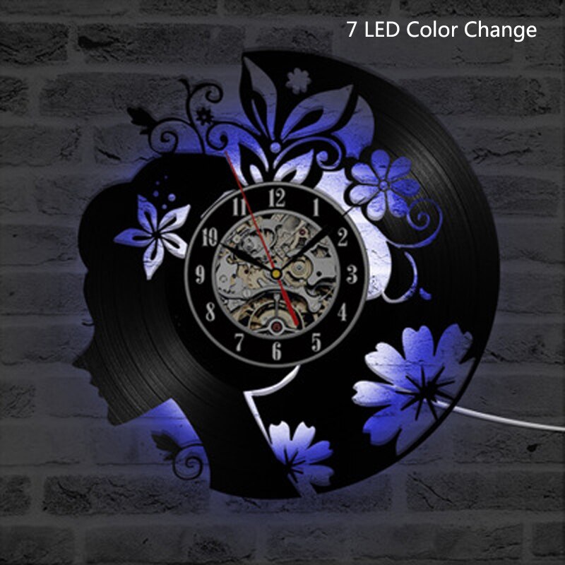 Blume Mädchen Vinyl aufzeichnen Wanduhr LED Beleuchtung Zauberstab Kunst Dekor Jahrgang retro 3D Uhren Zauberstab Uhr Wohnkultur Geburtstag: 7 Farbe LED Veränderung