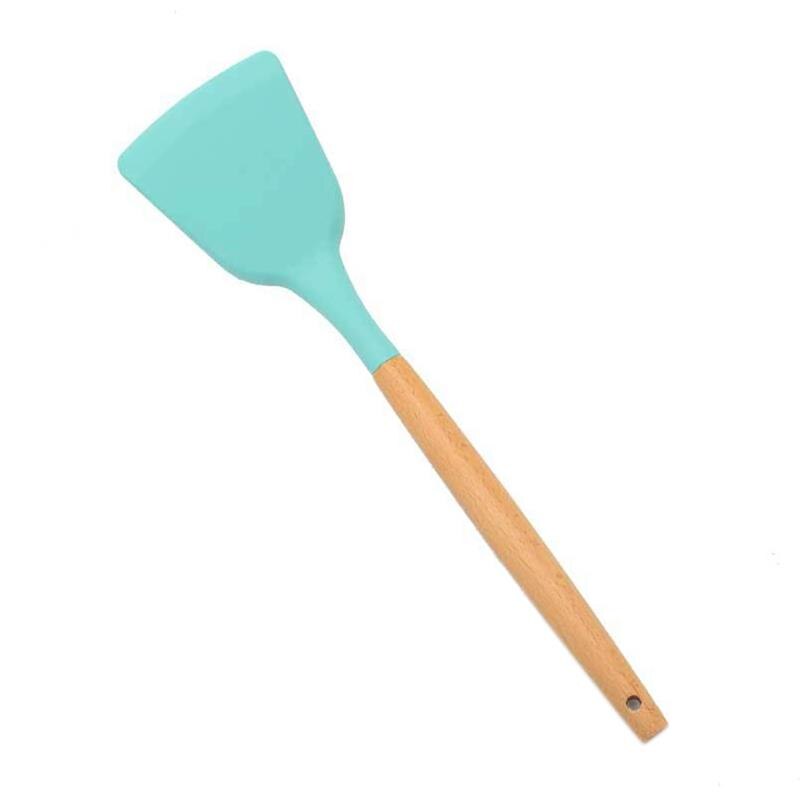 Mint Green Kitchen Utensil Non-Stick Wood Handle Cooking Utensil Premium Silicone Material Baking Spatula Spoon Kitchen Supplies: 1