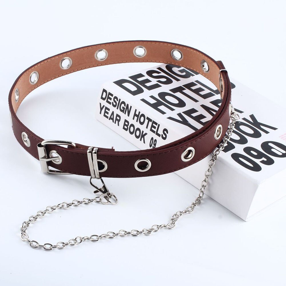 Femmes Punk chaîne ceinture réglable Double/simple rangée trou oeillet ceinture avec oeillet chaîne ceinture décorative: Coffee Single
