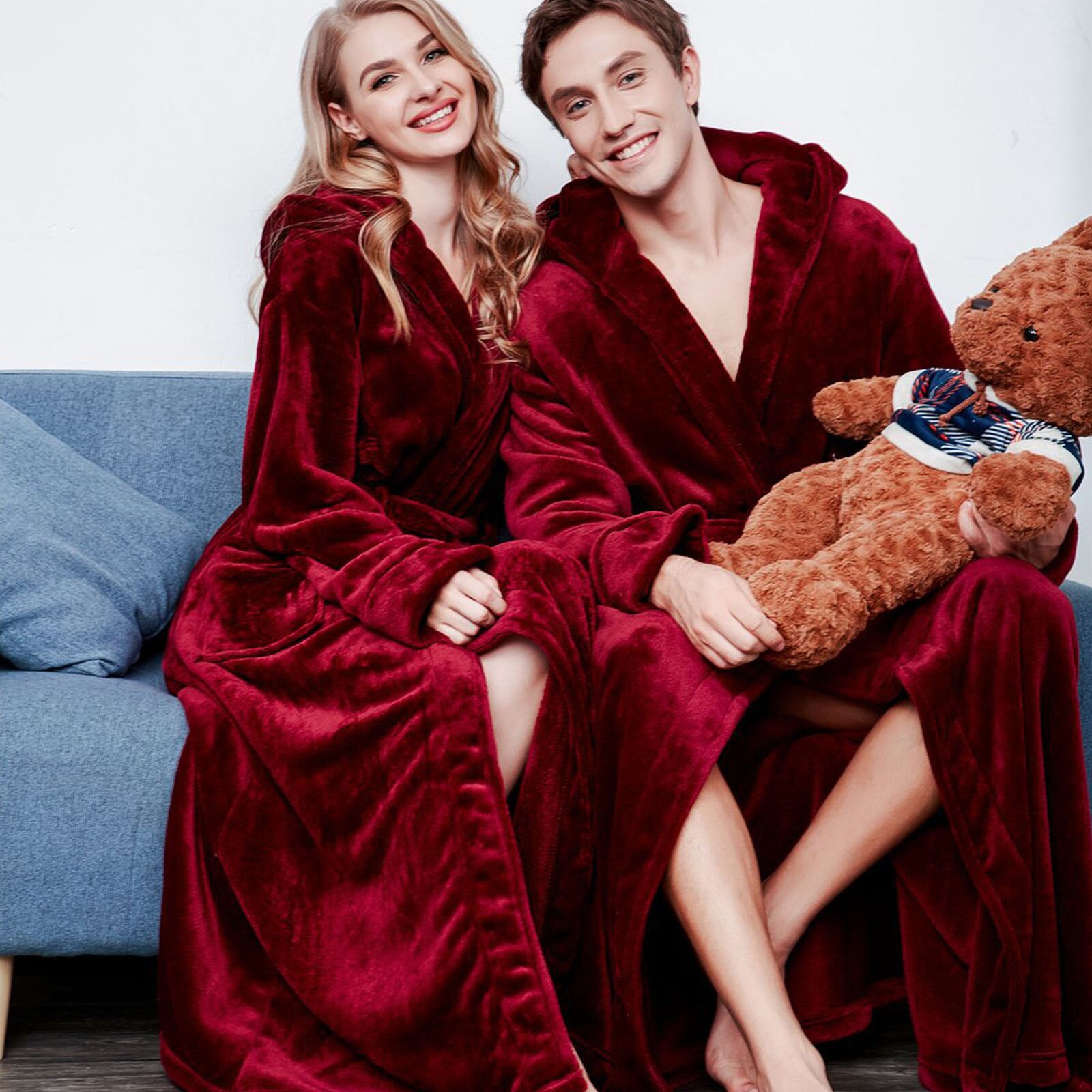 Couple Pajamas Sleepwear Thick Flannel Solid Color Lapel Home Clothes Long Sleeved Hooded Robe Coat Winter Nightgowns