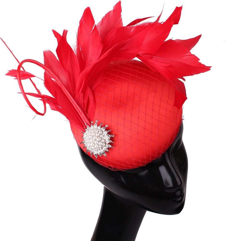 Nice Magenta Satin Hair Fascinator Hat Evening Party Formal Church Ladies Millinery Hat Bridal Wedding Headpieces With Feathers: Red