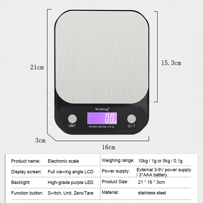 Genopladelig køkkenvægt 3kg/5kg/10kg 0.1g/1g lcd digital vægte rustfrit stål veje madvægt madlavningsværktøj balance