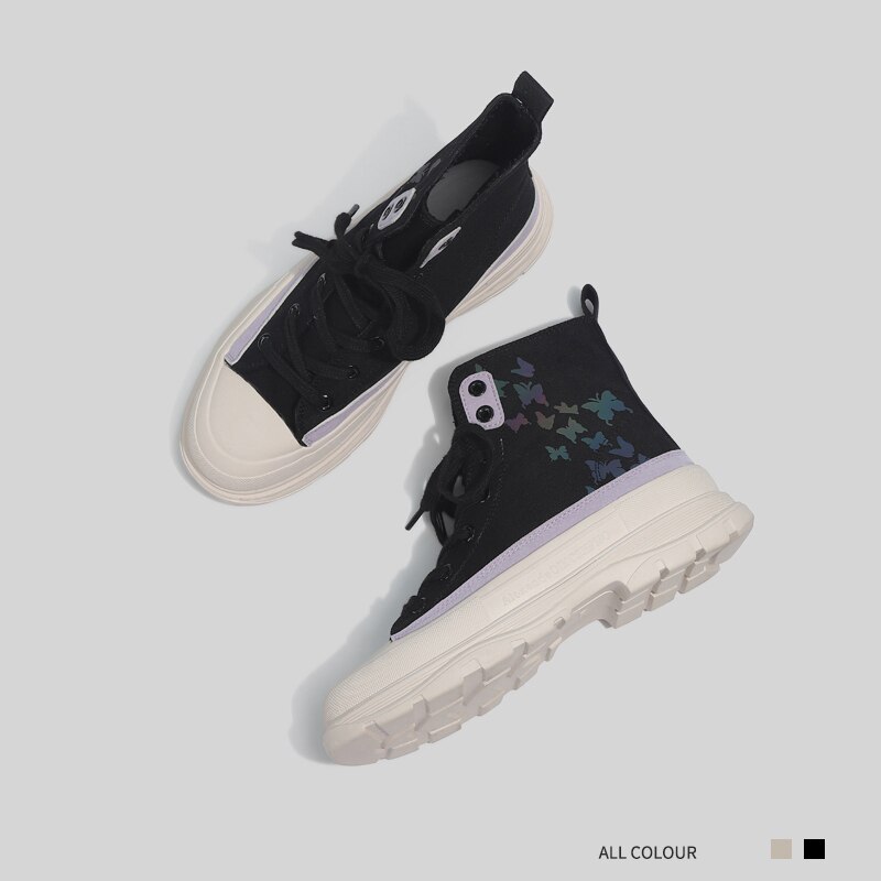 Kvinder afslappede sneakers kvindelige canvas platform sko dame mærke sports sneakers høj top sneakers kvinde hvide sneakers sneakers: Sort / 8.5