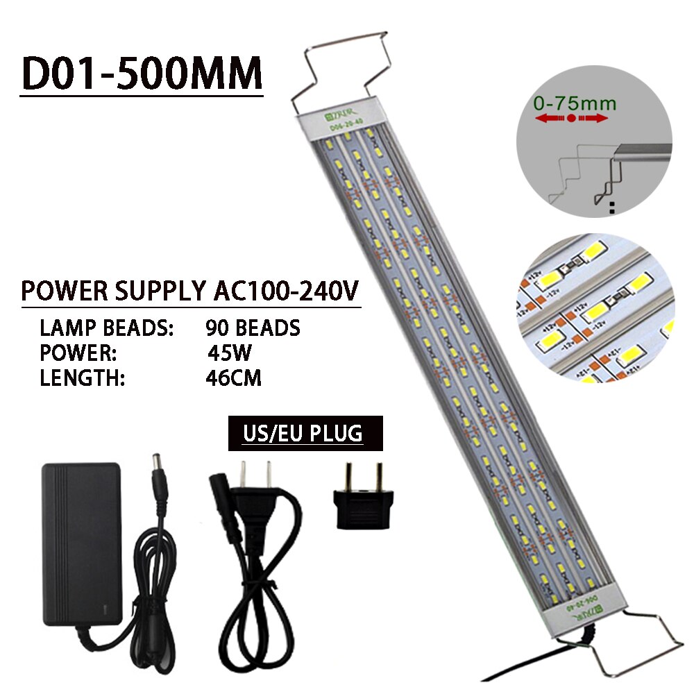 Lámpara acuática de aleación de aluminio para acuario, luz LED ultrafina de 18-65CM, ampliable, resistente al agua, lámpara de jardinería acuática: D01-500mm
