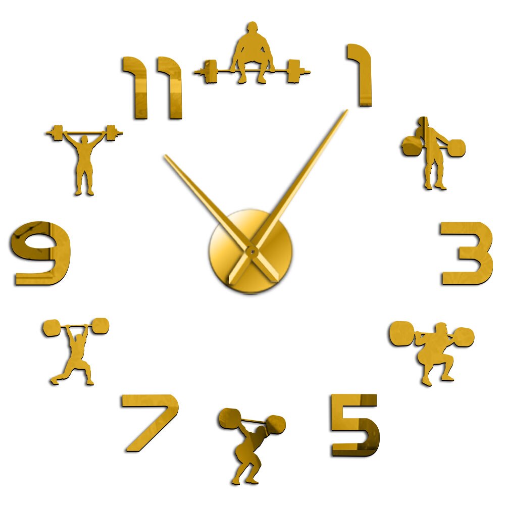 Weightlifting Fitness DIY Large Wall Clock Powerlifting Bodybulding Frameless Giant Wall Watch 3D Mirror Effect Wall Sticker: Gold / 47inch