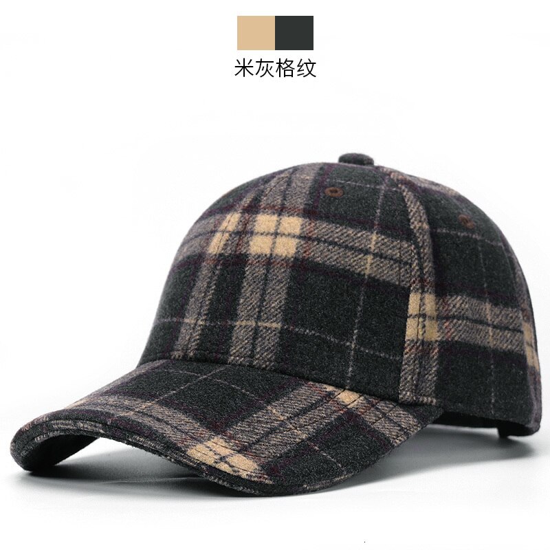 Kvinder og mænd vinter udendørs varm filt toppede kasketter far afslappet tyk casquette voksen plaid uld baseball hatte 55-62cm: Beige grå