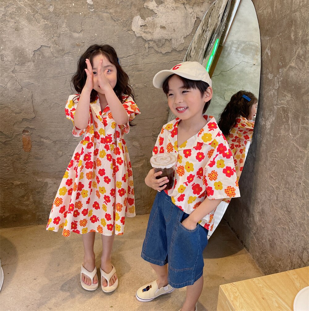 1835C Kinderen Shirt Broer Zus Kleding Jongen Korte Mouwen Shirts Zomer 2022 Bloemen Kinderen Dunne Shirts blouse