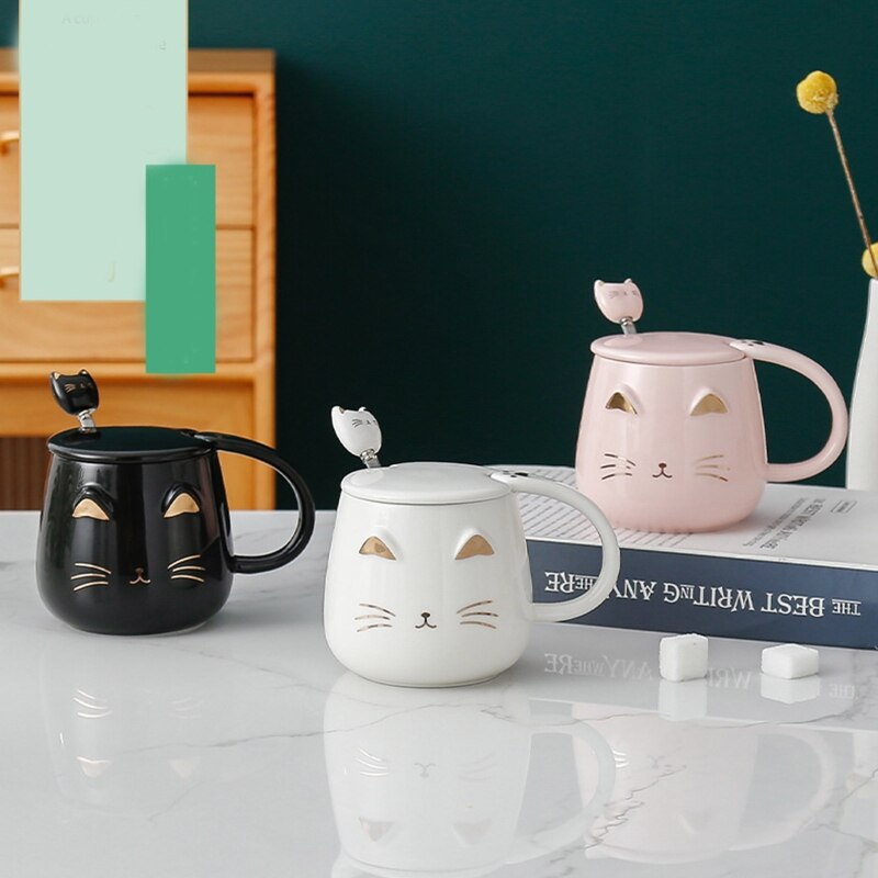 Taza con cabeza de gatito para amantes de los gatos, taza con cuchara de acero inoxidable, cálido, fácil de usar, taza para el hogar