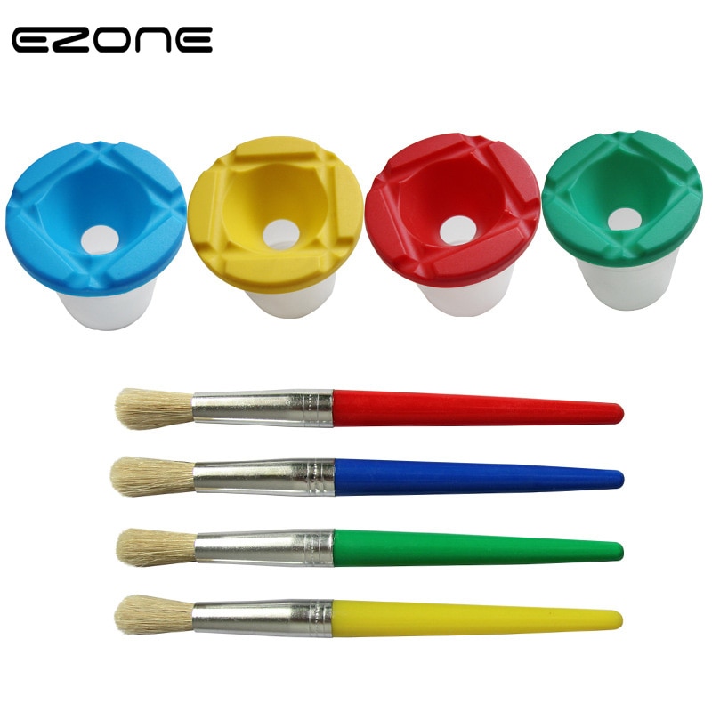 Ezone 4 Stuks Kwast + 1 Pc Wassen Emmer Voor Kinderen Kids Aquarel Olie Gouache Acryl Schilderen Borstels art Supply