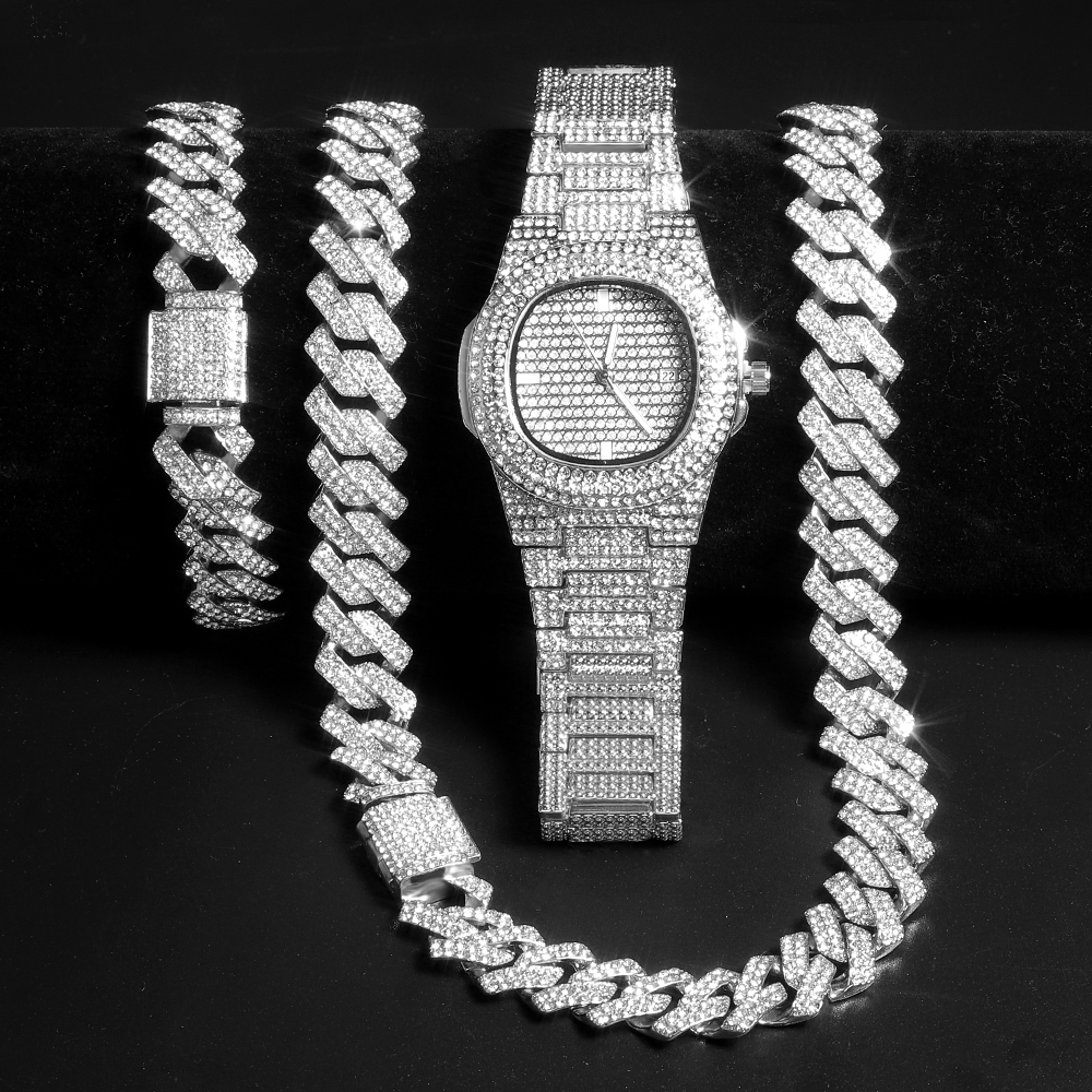 Goudkleurige Cubaanse kettinghorloge voor mannen, hiphop Miami Curb, Iced Out verharde strasssteentjes, bling rapper ketting, horloge + armband sieraden: 70 cm / Kobalt Violet