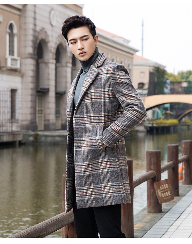 Batmo Herfst Wol Plaid Toevallige Trenchcoat Mannen, Mannen Wollen Jas, wol Jassen Mannen N901: Khaki / M