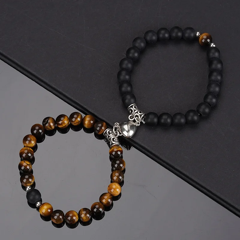 Pulsera de cuentas de piedra Natural para amantes, pulsera con imán de corazón de distancia, de joyería de de amistad, 2 piezas por juego: Oro oscuro