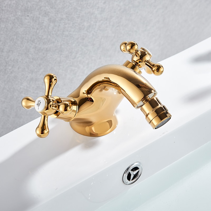 Golden Bidet Faucet Two Swivel Handles Bathroom Vessel Sink Tap Single Hole Deck Mounted Water Mixer Tap Chrome Antique Brass