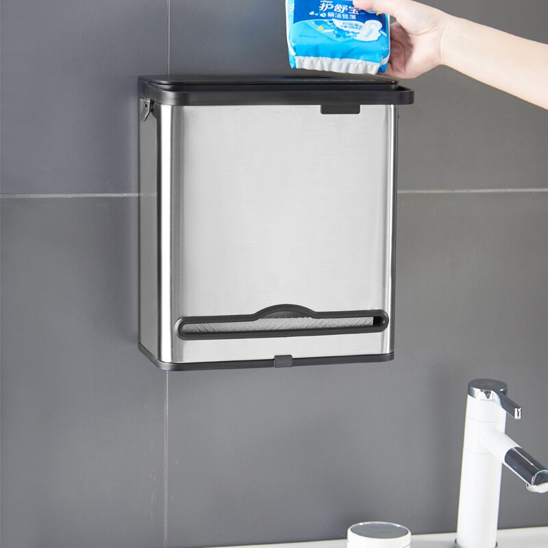 Wall Mounted Kitchen Trash Can Stainless Steel Built-in Bathroom Toilet Waste Bin with Paper Draw