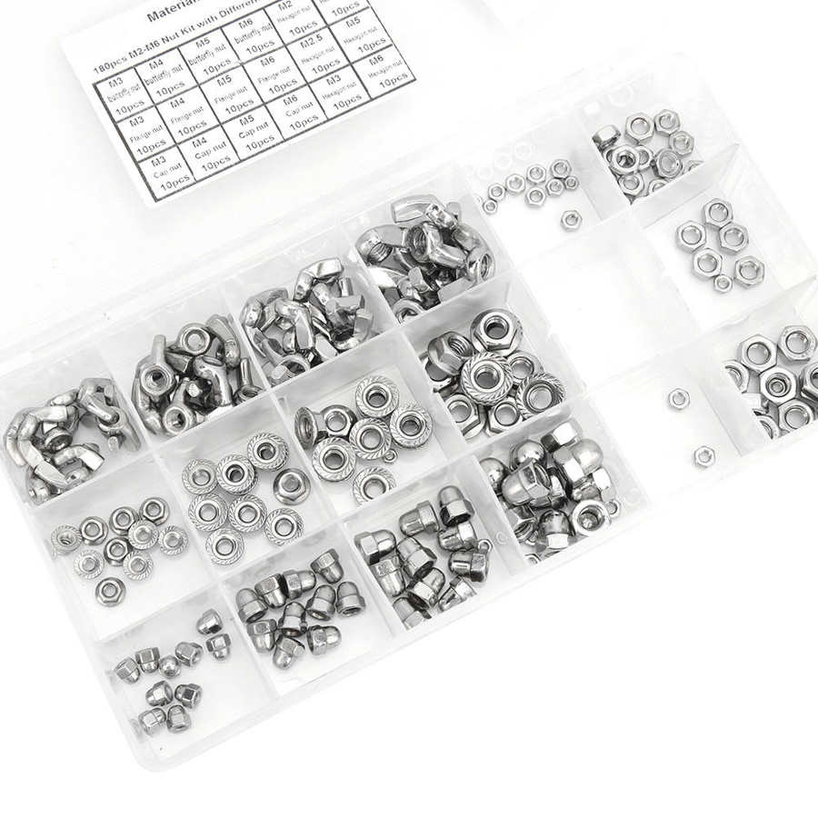 180Pcs Durable Stainless Steel Nuts Wing Flange Hex Nuts M2 M2 5 M3 M6