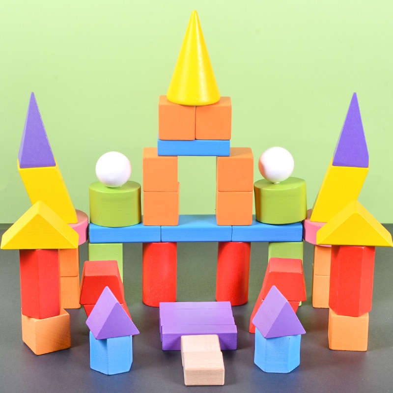 Børns s 48-- delt geometriske farverige træblokke samlet bygning børns læringsundervisningstøj