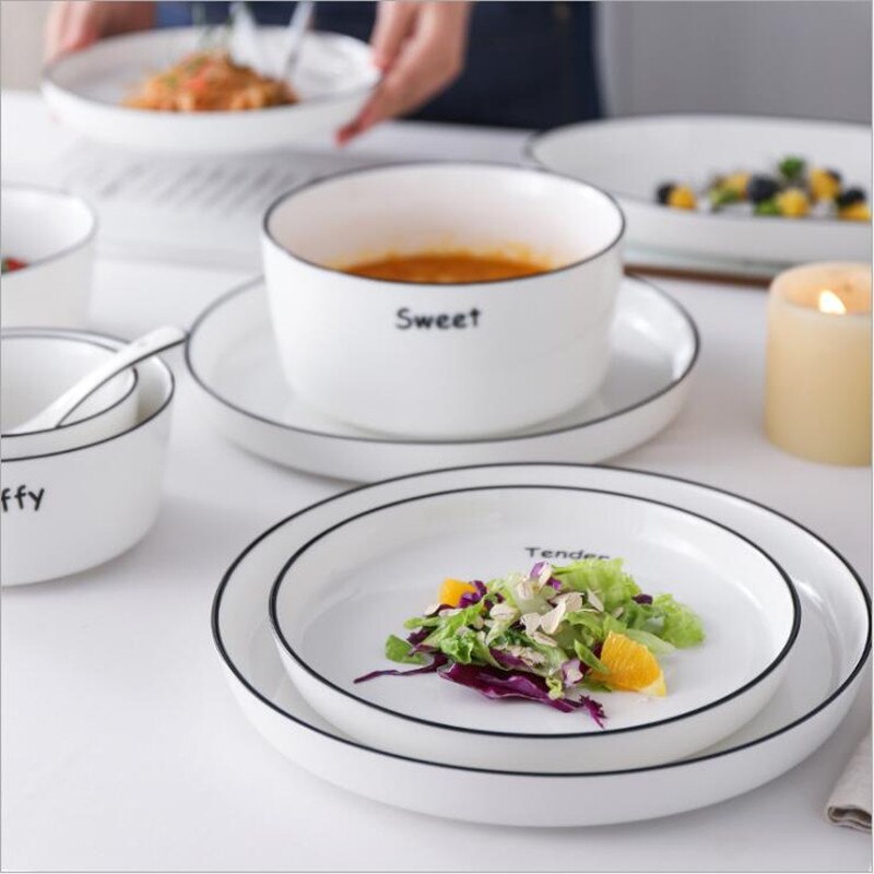 With Letters White Dinner Plate Ceramic Kitchen Plate Tableware Set Food Dishes Rice Salad Noodles Bowl Soup Kitchen Cook Tool