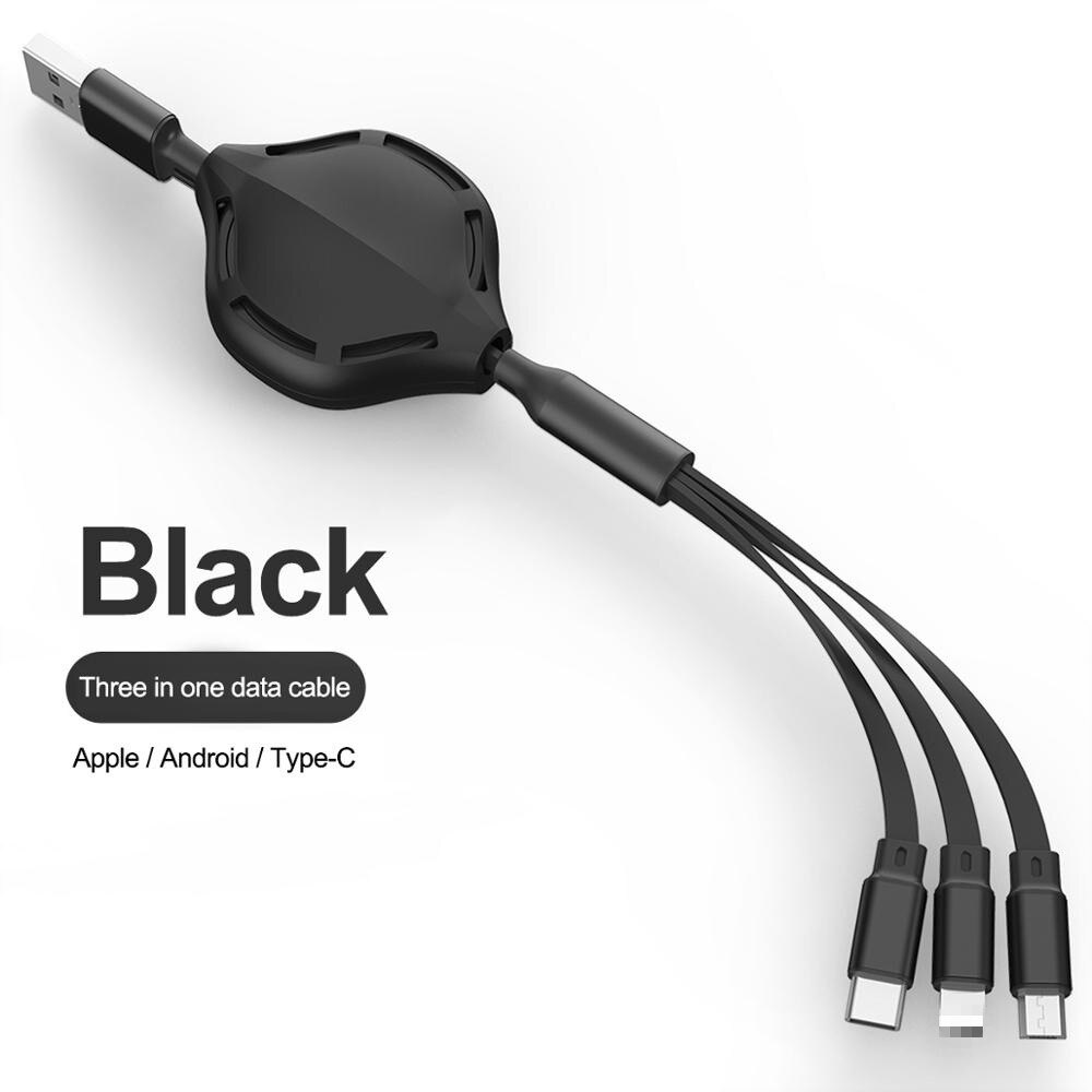 1m novo telescópico 3 em 1 rápido USB-C tipo c ios micro usb carregador rápido cabo de dados retrátil cabo de carregamento portátil: E02000421-black