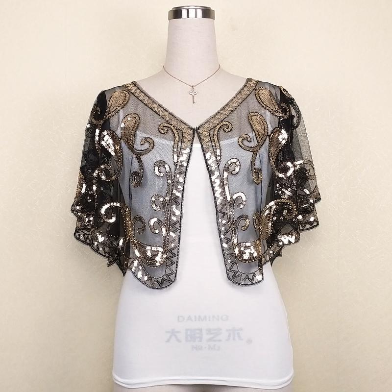 Capa de boda con cuentas de lentejuelas para mujer, Bolero, Capa, color negro, dorado y plateado, 5 colores: blackgold