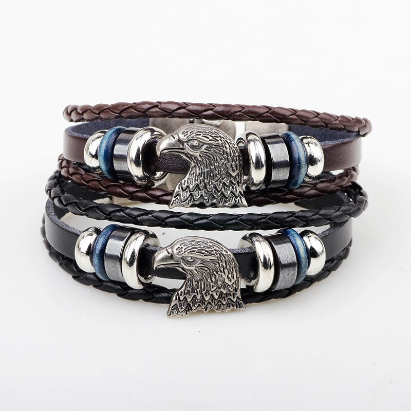 Hüfte hüpfen Jahrgang Adler Kopf Charme Armbinde Leder Multi Schicht Punk Männer Wulst Ebene Adler Armbänder Männlichen Schmuck