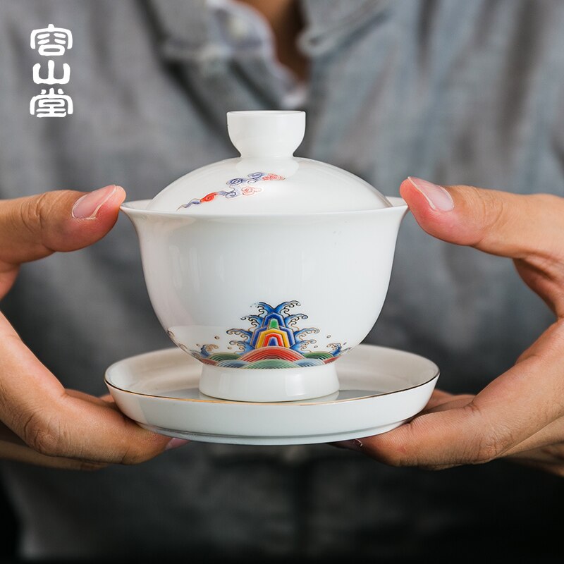 Porcelain White Porcelain Painted Tureen Large and Small Handmade Three-Piece Tea Bowl Home Tea Brewing Cup Kung Fu Tea Set