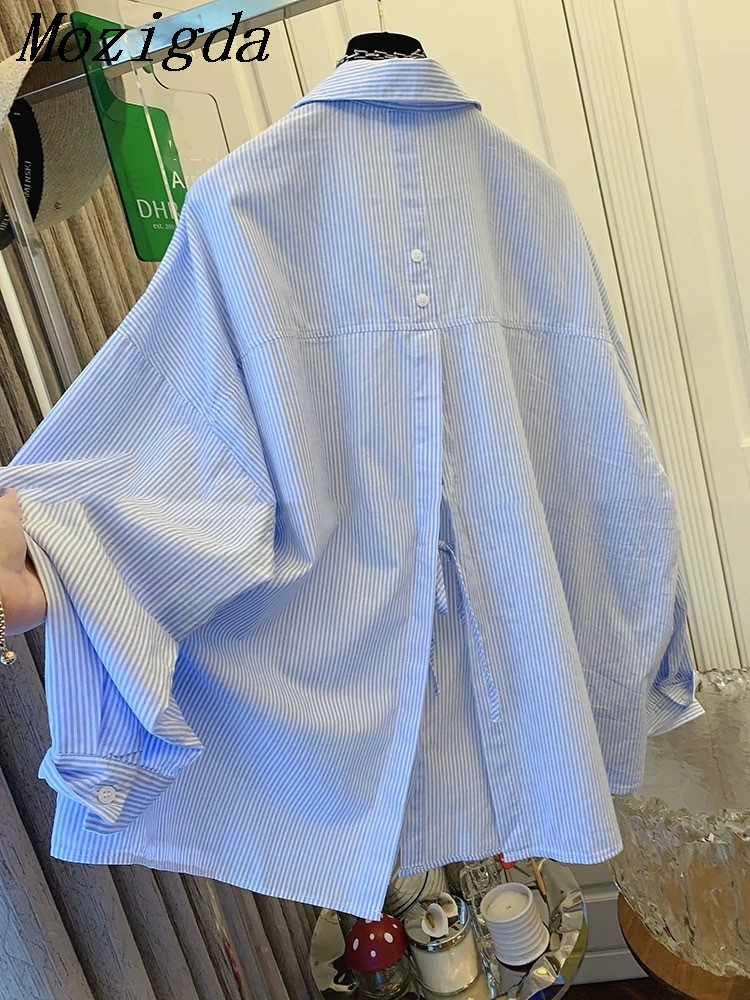 Camisa De algodón a rayas para Mujer, Blusa De manga larga con cordones, talla grande, a la , otoño, 2024
