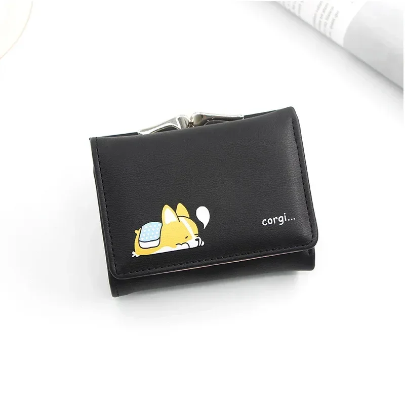 Korean Style Cartoon Women Wallet Small Cute Corgi Doge Wallets Ladies Short Leather Purses Female Purse Clutch: Beige
