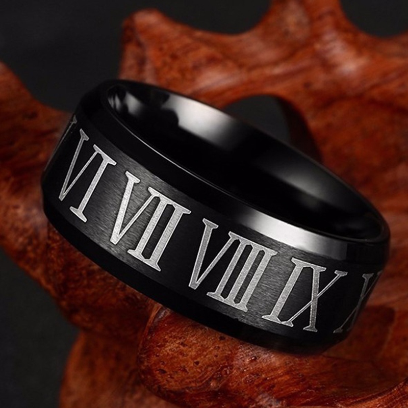 Caxybb Roman numerals black ring men's ring cool stainless steel cocktail wedding jewelry letter male rings