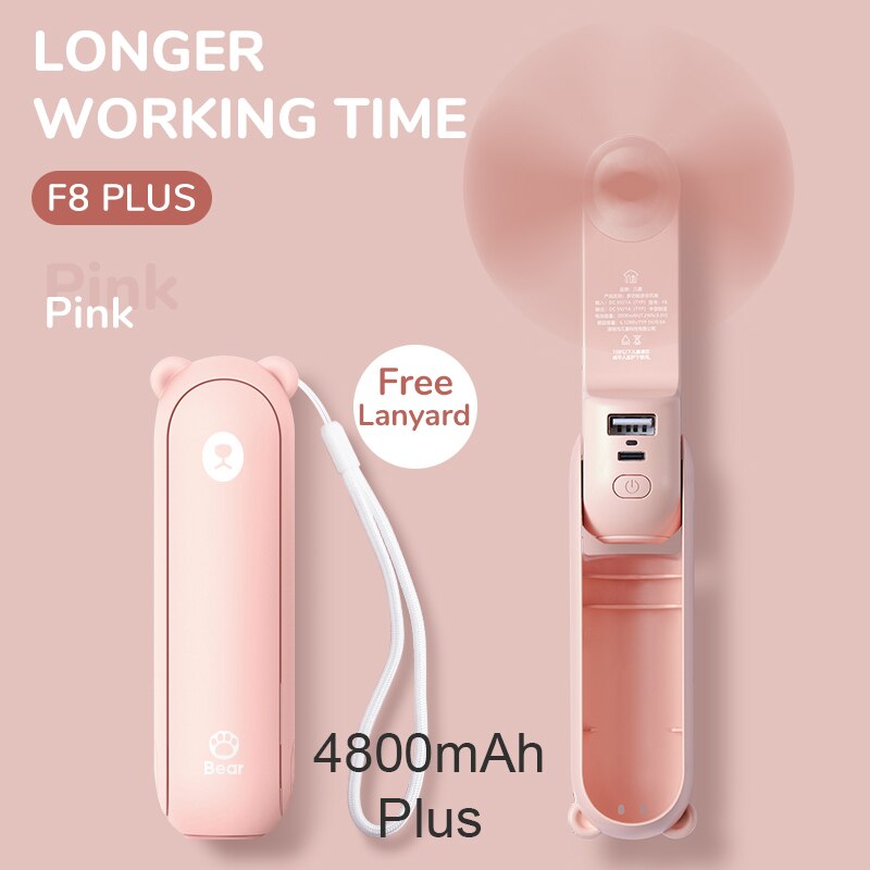 JISULIFE Portable Fold Fan PowerBank 4800mAh Charging Usb Fan Mini Fan Ventilador Air Condition with Ultra Bright Led Flashlight: Pink 4800mAh Plus