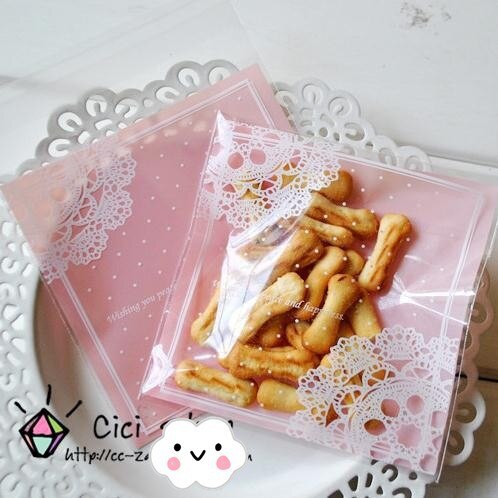 100 stks/partij Romantische Roze Kant Biscuit Verpakking Clear Cookie Verpakking Plastic Candy Tassen Voor Bruiloft 7 cm * 7 cm