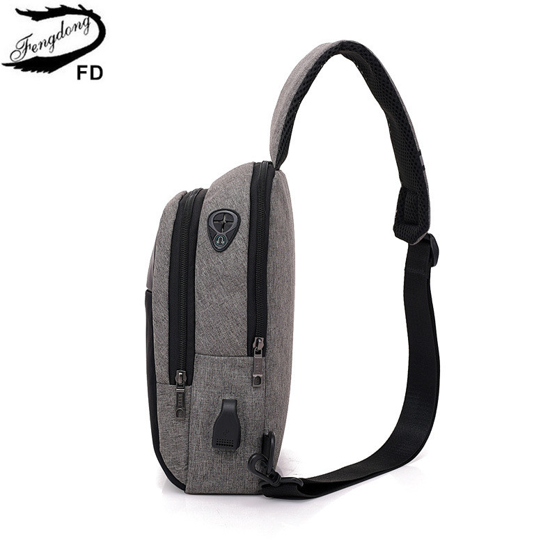 FengDong small crossbody bags for men one shoulder sling chest bag pack casual mini messenger bag with usb port