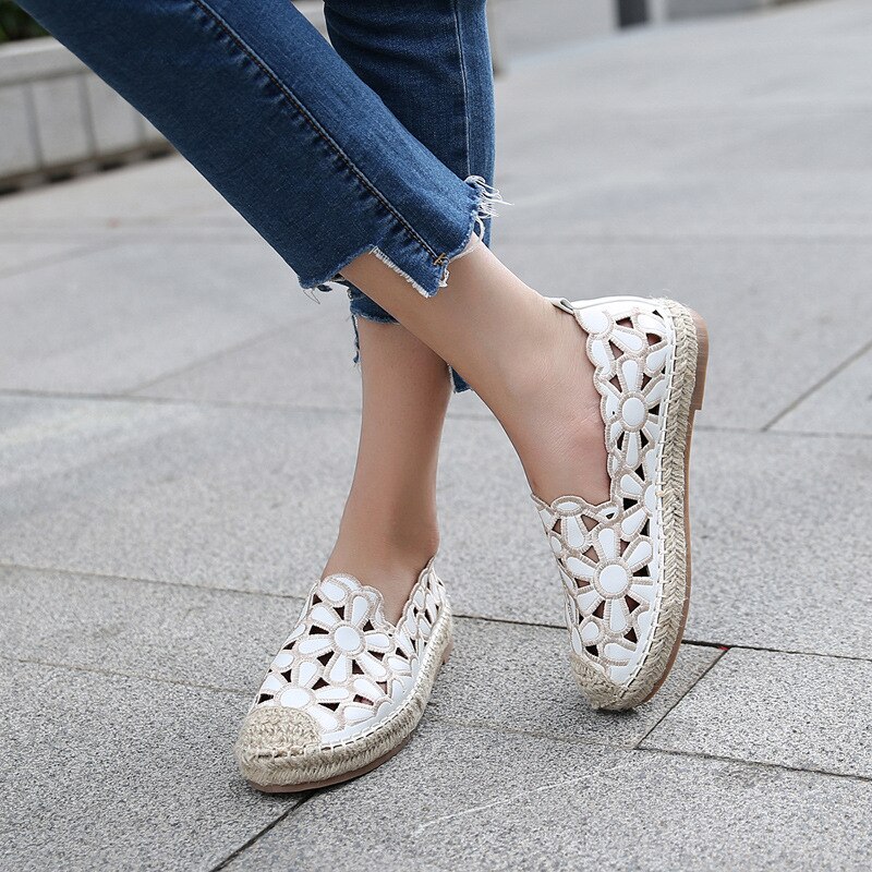 Holle bloem riet geweven vissersschoenen dames flats ondiepe naaien enkele schoenen herfst lui ademend instap antislip loafers