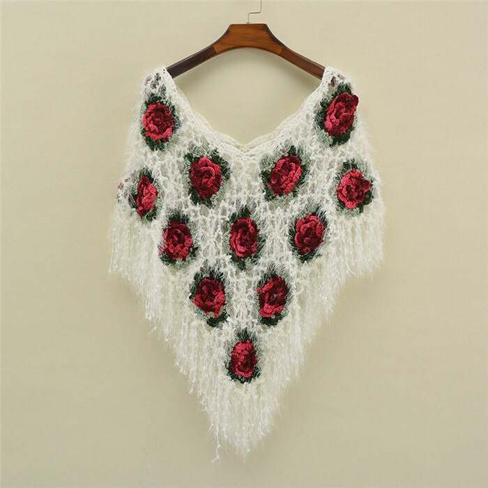 Herfst Winter Vrouwen Poncho Cape Handgemaakte Gehaakte Hollowout Lady Trui Wrap Sjaals Kwastje Mode Feme Cape: WHITE