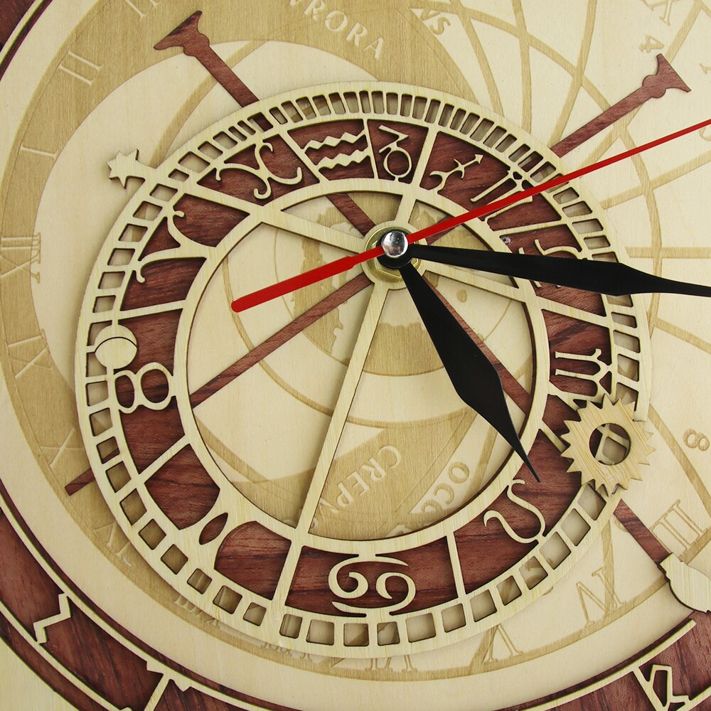 Prague Astronomical Clock in Wood Czech Republic Medieval Astronomy Wall Hanging Clock Astrology Decorative Wall Timepiece