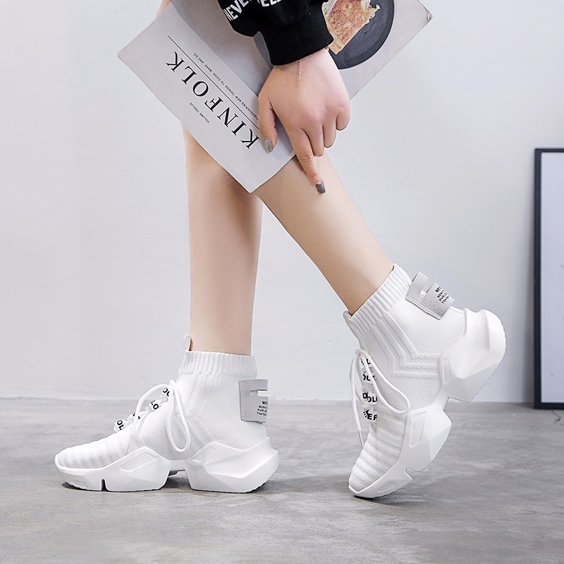 Forår high-top platform sko kvinder chunky sneakers air mesh casual kvinder sko hvide sneakers sok sko kvinde