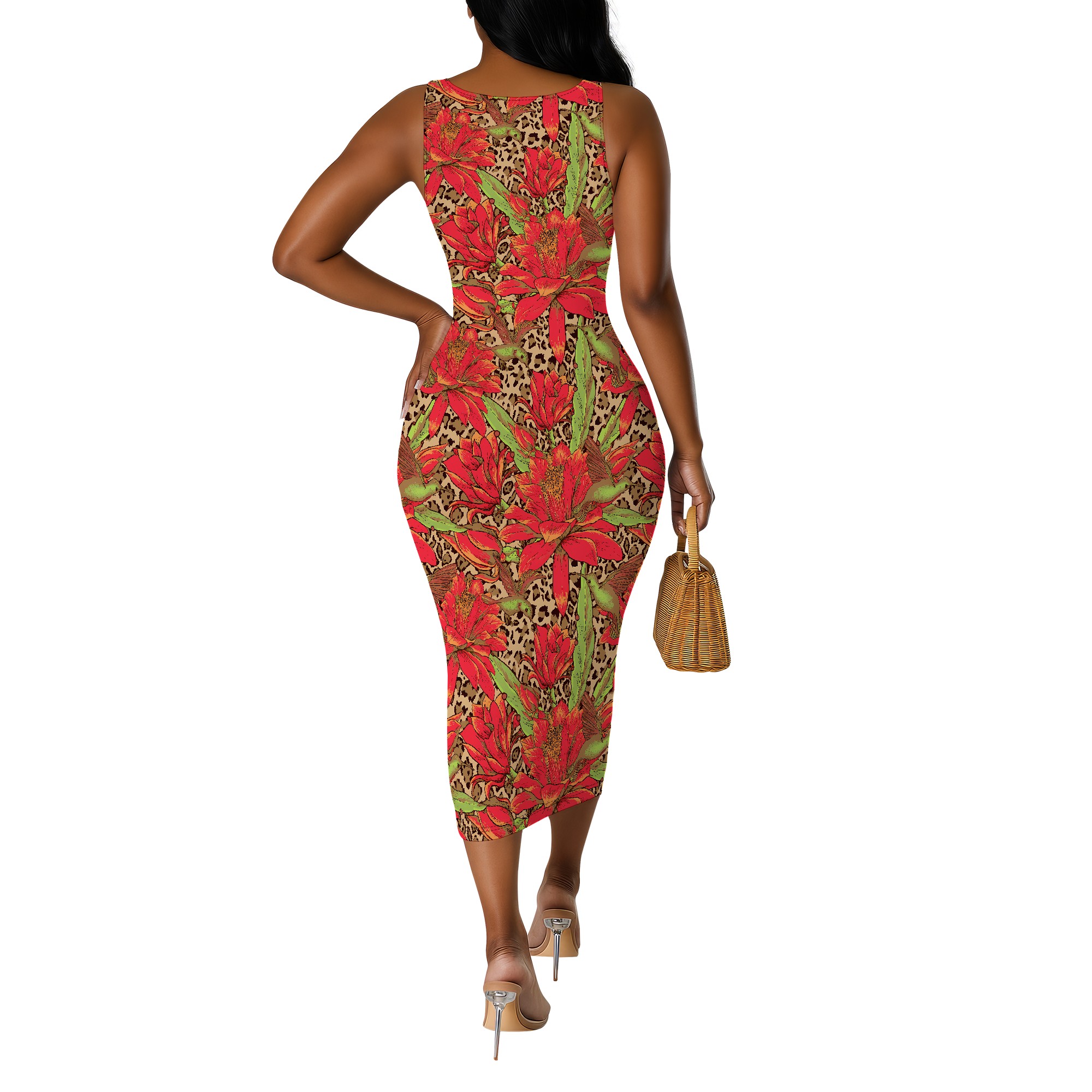 Tropisk bladprint plus size ærmeløs midikjole sommer strandferie bodycon-kjole