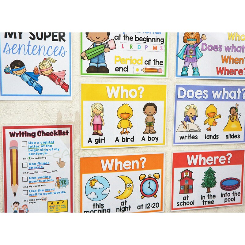 8pcs A4 Size Educational Posters How I Write Poster English Flash Cards Sentence For Kids Classroom Decoration Wall Sticker