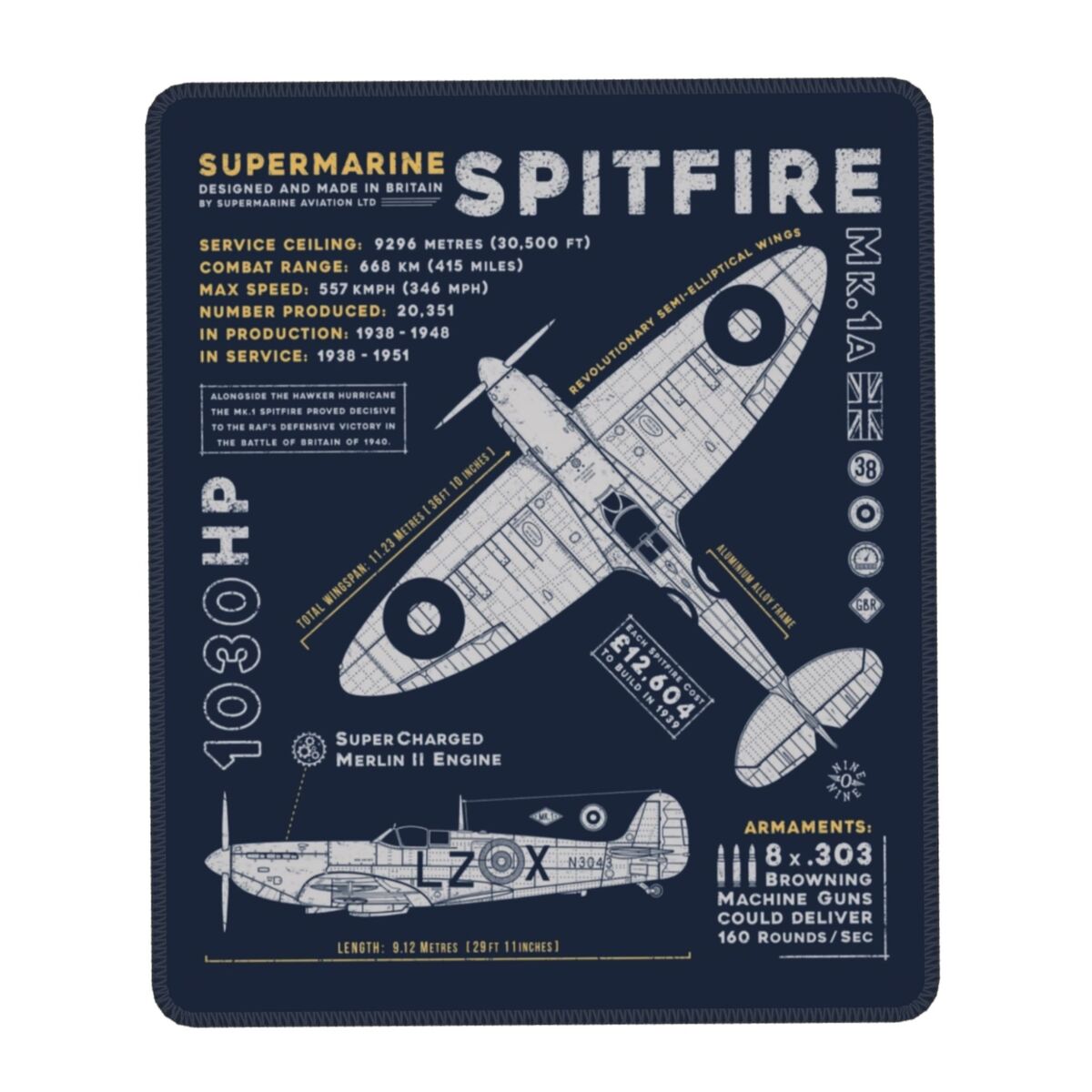 Alfombrilla de ratón para juegos Supermarine Spitfire, alfombrilla de goma antideslizante para ratón, piloto de combate, avión, decoración de oficina, alfombrilla para mesa de ordenador: M / Azul cielo