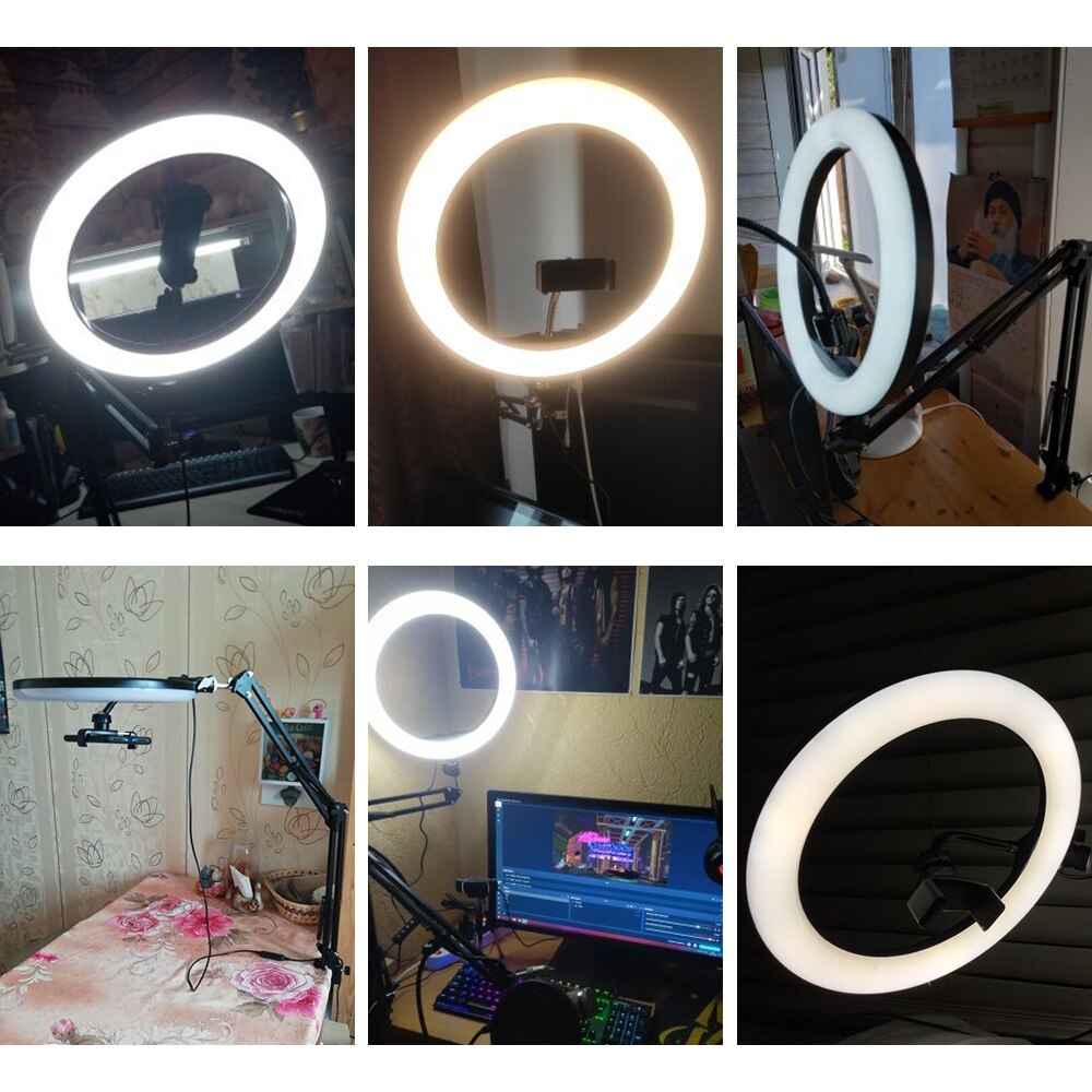 26cm/10inch Dimmable Ring Light With Long Arm Stand 3200-5500K Desktop Tablet Phone Holder Video Live Photography Selfie Light