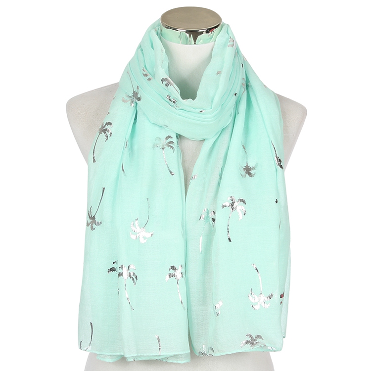 FOXMOTHER Spring Summer White Grey Navy Coconut Tree Shiny Silver Foil Scarf Glitter For Womens: Mint green