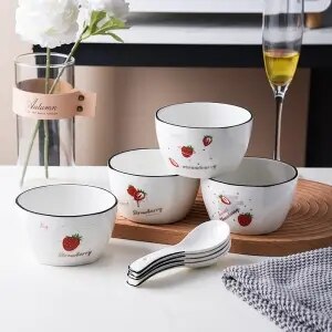 Huishouden Kom Set Keramische Servies Combinatie Leuke Cartoon Japanse Kom Creatieve Eten Rijstkom Soepkom Met Lepel: Blauw