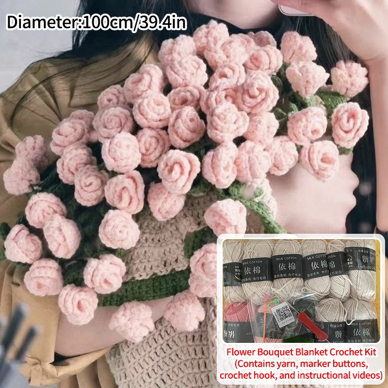 Rosebukett-teppe diy-materialepakke håndlaget blomsterbukett bursdag sammenleggbare kastetepper: Svart