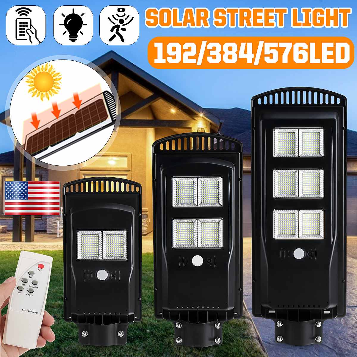 600W 1200W 1800W Polycrystalline Solar Panel LED Street Lights Remote Control IP65 Waterproof Outdoor Garden LED Solar Wall Lamp