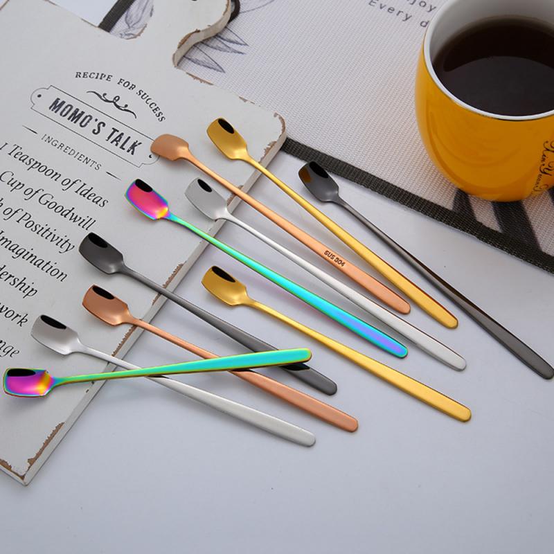 Coffee Spoon Stainless Steel Long Handle Stirring Spoon Black Gold Short Handle Square Head Spoon Kitchen Flatware