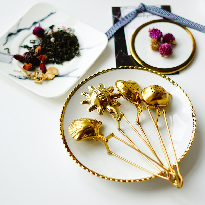 Gold Tea Infuser Stainless Steel Shell Heart Star Pattern Reusable Tea Coffee Strainer Tea Tools Teapot Accessory 1pc