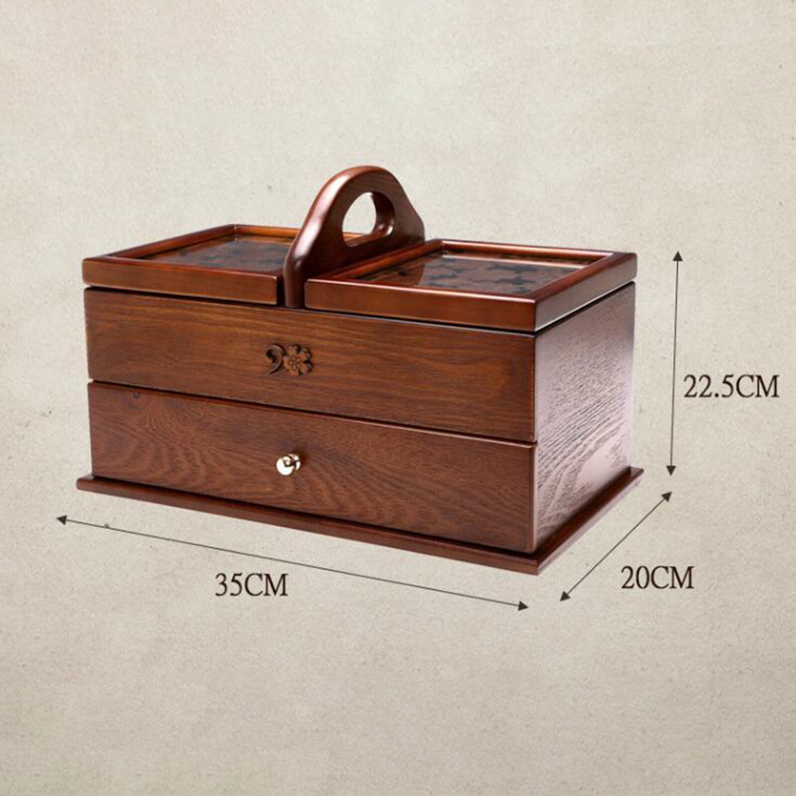 Carved Wooden Sewing Basket w/ Compartment Expanding Box Storage for Sewing Tool