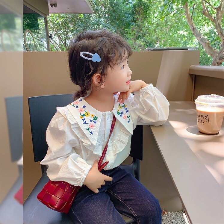 Blusa blanca bordada para niña, camisa de manga larga con cuello bordado para primavera y verano, Tops, disfraz informal: 110(3-4Y)