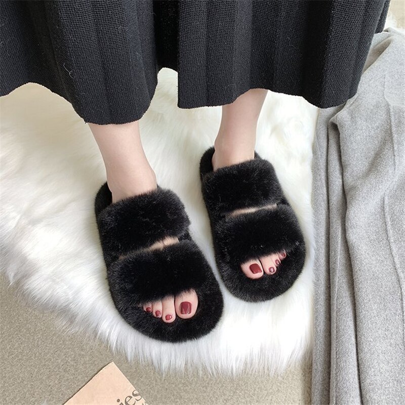Enplei kvinner vinterhus fuzzy slippers pels varme sko kvinne slip on flats kvinnelige furry slides koselig hjem str 35-40